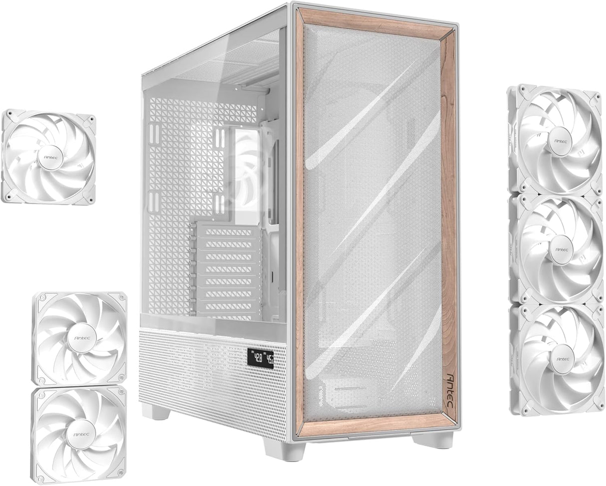 Antec FLUX PRO full tower case supporting E-ATX to ITX motherboards, with tempered glass panels, 6 included PWM fans, up to 420mm radiator support