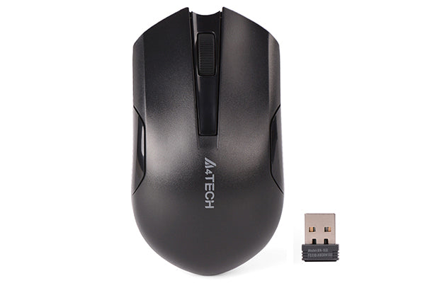 Black computer mouse with USB receiver on a white background, featuring A4Tech branding.
