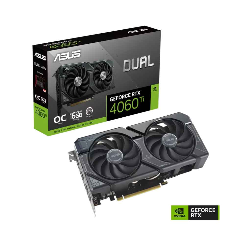 ASUS Dual GeForce RTX 4060 Ti OC Edition 16GB GDDR6 128-bit with two powerful Axial-tech fans and a 2.5-slot design for broad compatibility