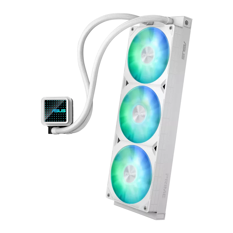 ASUS Prime LC 360 ARGB White Edition all-in-one CPU liquid cooler with vast CPU contact area and finned channels, water block with infinity mirror lens options integrated ARGB fans and Aura lighting