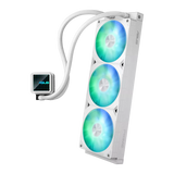 ASUS Prime LC 360 ARGB White Edition all-in-one CPU liquid cooler with vast CPU contact area and finned channels, water block with infinity mirror lens options integrated ARGB fans and Aura lighting