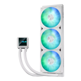 ASUS Prime LC 360 ARGB White Edition all-in-one CPU liquid cooler with vast CPU contact area and finned channels, water block with infinity mirror lens options integrated ARGB fans and Aura lighting