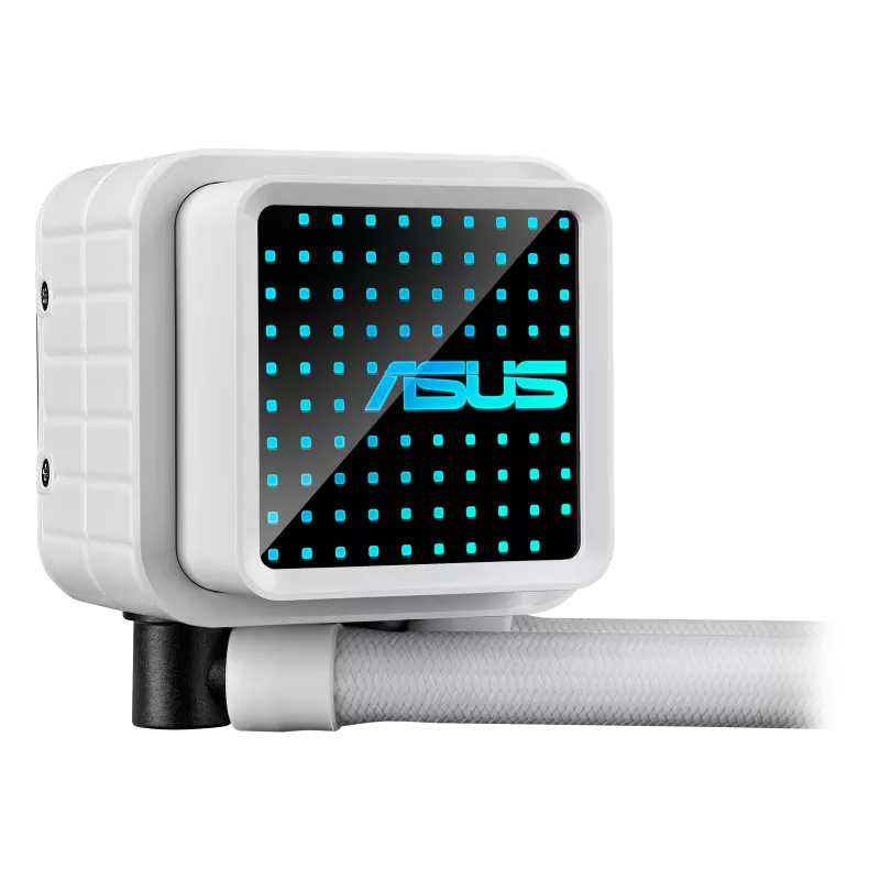 ASUS Prime LC 360 ARGB White Edition all-in-one CPU liquid cooler with vast CPU contact area and finned channels, water block with infinity mirror lens options integrated ARGB fans and Aura lighting