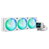 ASUS Prime LC 360 ARGB White Edition all-in-one CPU liquid cooler with vast CPU contact area and finned channels, water block with infinity mirror lens options integrated ARGB fans and Aura lighting