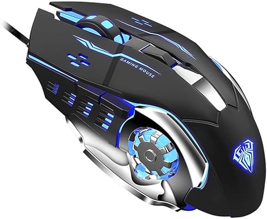 Gaming mouse with blue LED lights on a white background