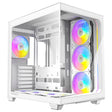 White computer case with colorful RGB fans on a white background