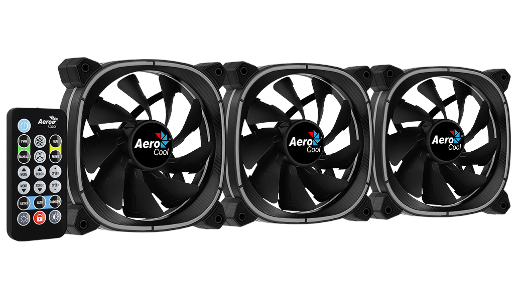Three AeroCool fans with a remote control on a black background