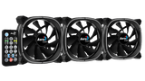 Three AeroCool fans with a remote control on a black background
