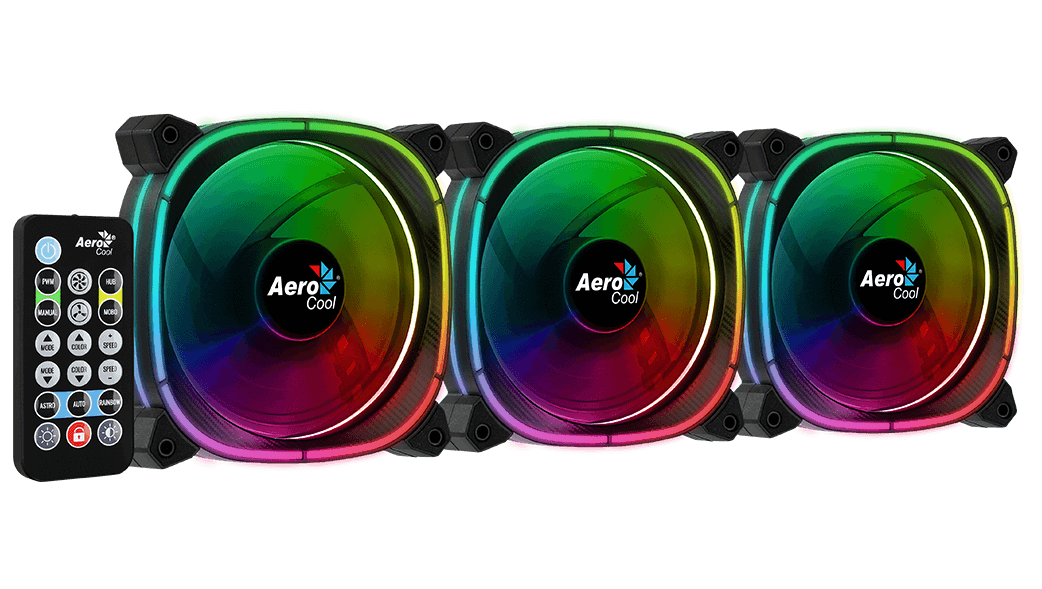 Three AeroCool RGB fans with a remote control on a black background