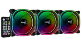 Three AeroCool RGB fans with a remote control on a black background