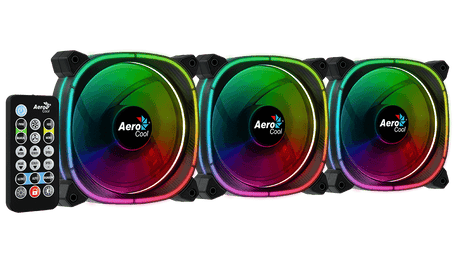 Three AeroCool RGB fans with a remote control on a black background