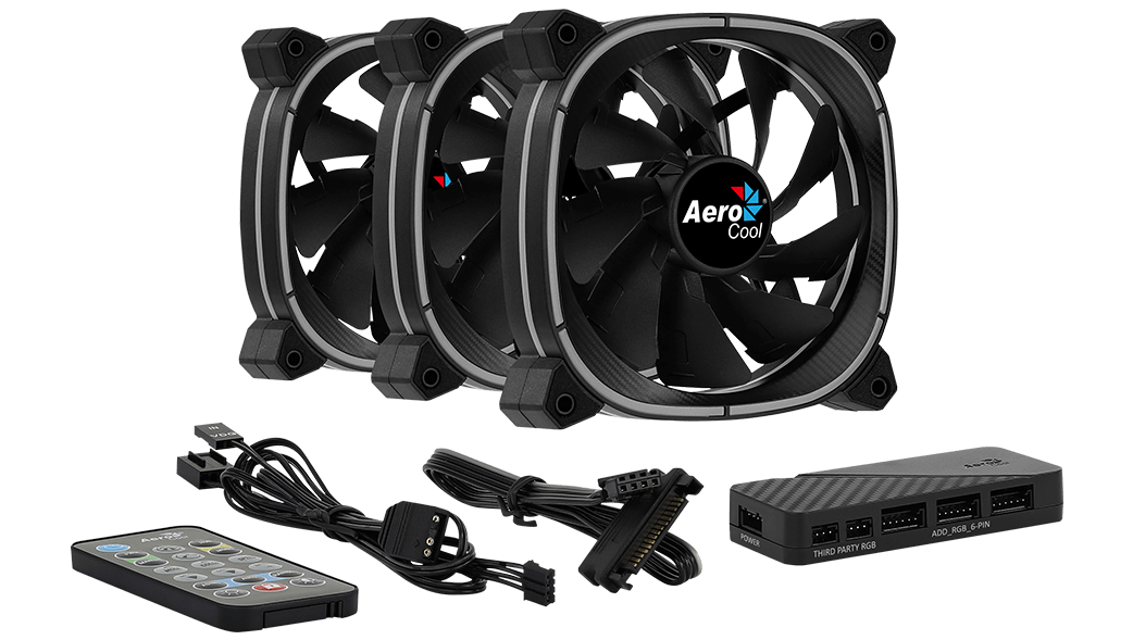 Set of AeroCool fans with a remote control and power adapter on a black background