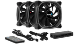 Set of AeroCool fans with a remote control and power adapter on a black background