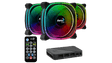 RGB cooling fans with remote control and hub on a black background