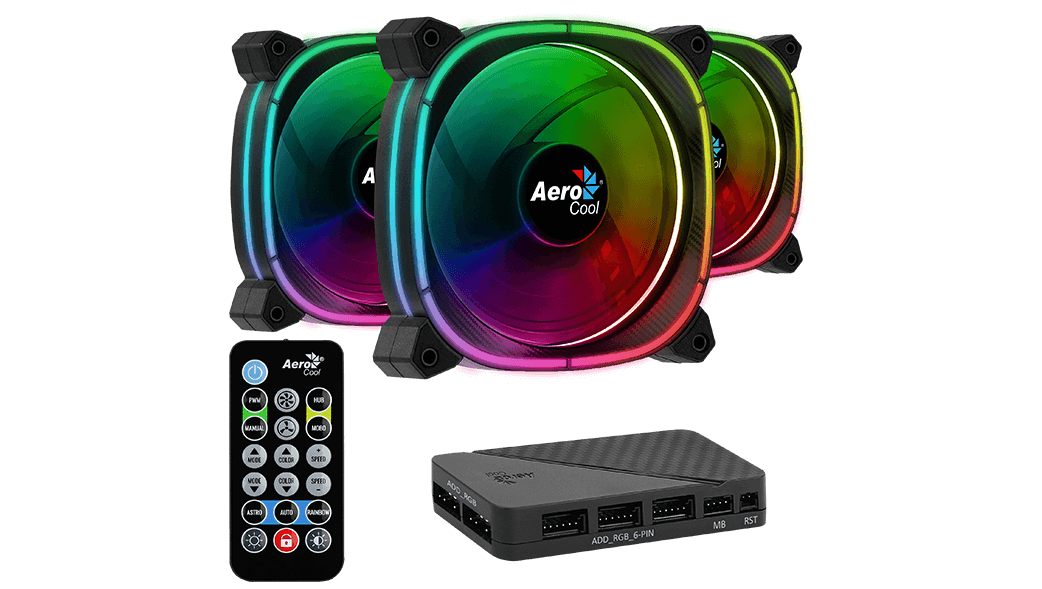 RGB cooling fans with remote control and hub on a black background
