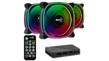 RGB cooling fans with remote control and hub on a black background