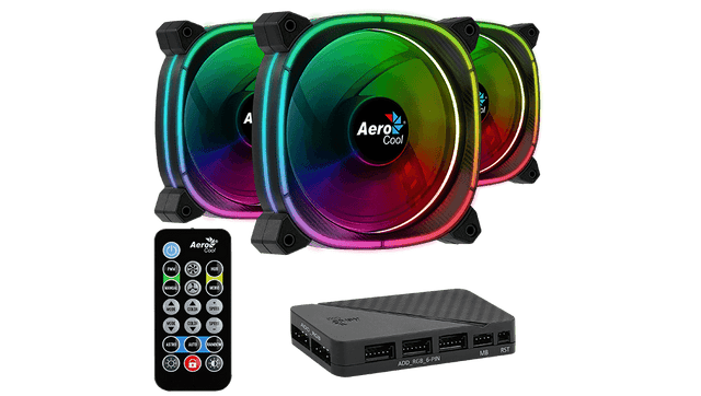 RGB cooling fans with remote control and hub on a black background