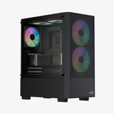Black computer case with RGB lighting on a white background