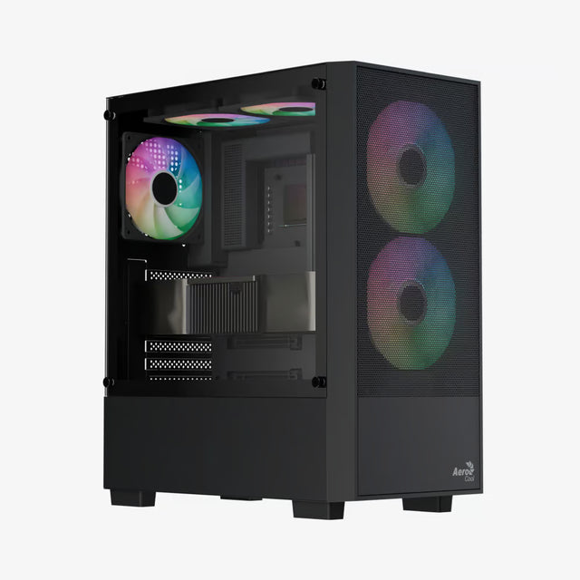 Black computer case with RGB lighting on a white background