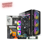 Computer hardware components including a motherboard, graphics card, and cooling fans with 'Ramadan Offers' text.