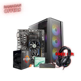 Computer hardware components with AMD Ryzen branding and a free gift offer on a white background.