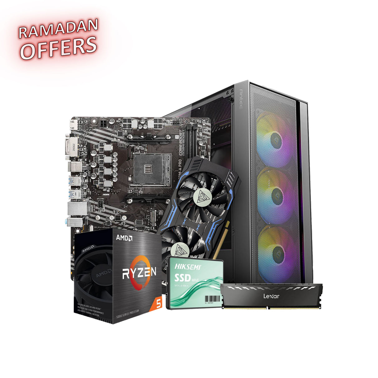 Computer hardware components including a motherboard, graphics card, and SSD with 'Ramadan Offers' text.