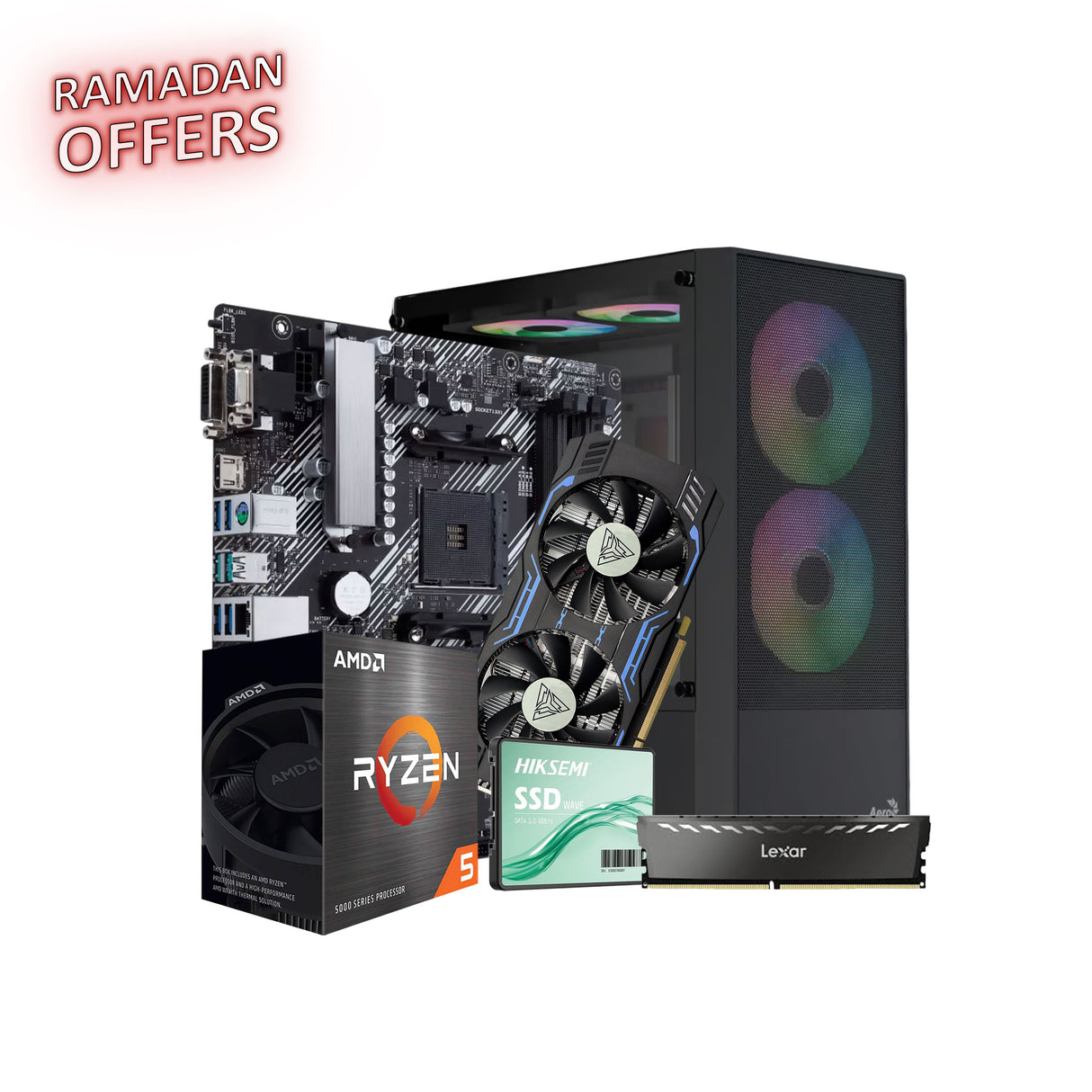 Computer hardware components including a motherboard, CPU box, SSD, and case on a white background with 'Ramadan Offers' text.