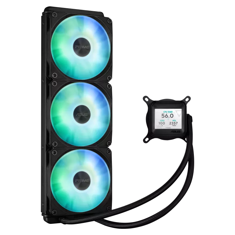 ASUS Prime LC 360 LCD ARGB all-in-one CPU liquid cooler with sharp screen showcasing CPU & GPU information with different background, high-performance Asetek pump armed with robust motor daisy-chainable fans