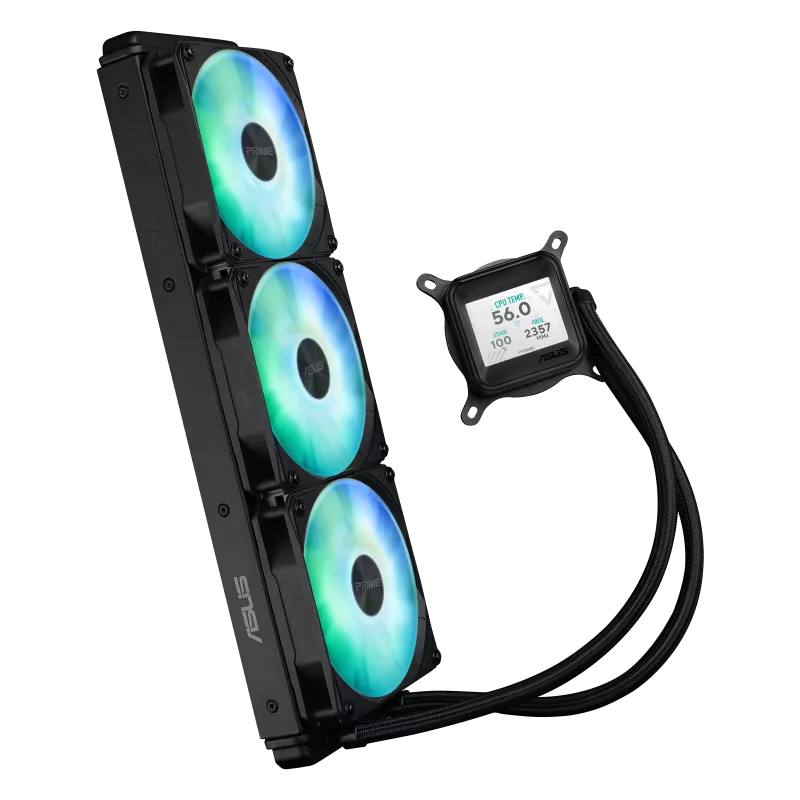 ASUS Prime LC 360 LCD ARGB all-in-one CPU liquid cooler with sharp screen showcasing CPU & GPU information with different background, high-performance Asetek pump armed with robust motor daisy-chainable fans