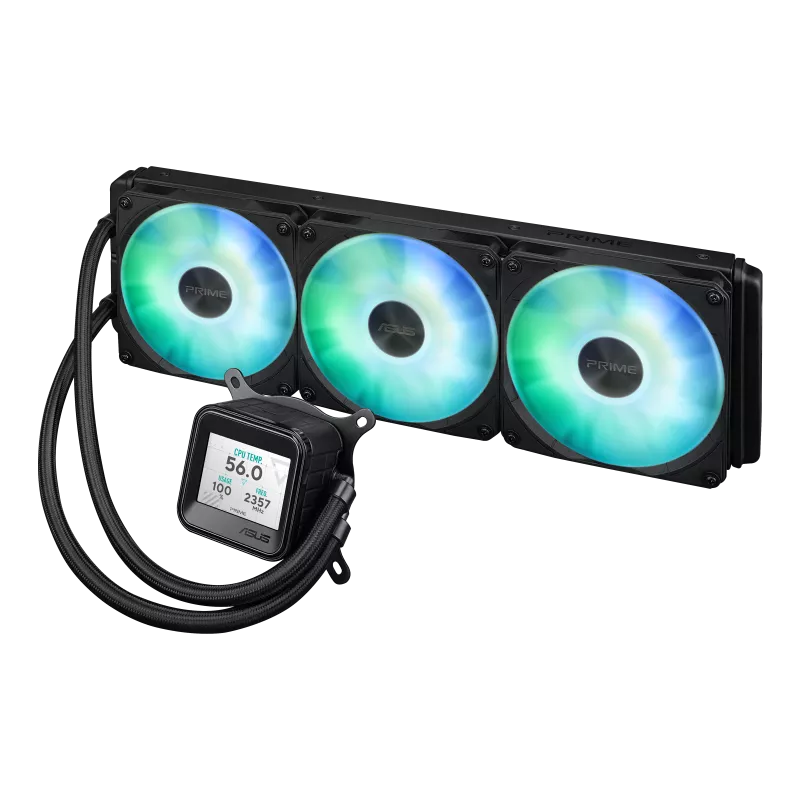 ASUS Prime LC 360 LCD ARGB all-in-one CPU liquid cooler with sharp screen showcasing CPU & GPU information with different background, high-performance Asetek pump armed with robust motor daisy-chainable fans