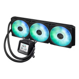 ASUS Prime LC 360 LCD ARGB all-in-one CPU liquid cooler with sharp screen showcasing CPU & GPU information with different background, high-performance Asetek pump armed with robust motor daisy-chainable fans