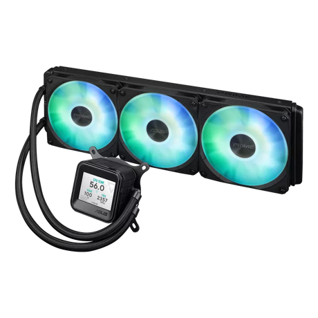 ASUS Prime LC 360 LCD ARGB all-in-one CPU liquid cooler with sharp screen showcasing CPU & GPU information with different background, high-performance Asetek pump armed with robust motor daisy-chainable fans