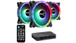 Three AeroCool RGB fans with a remote control and hub on a black background