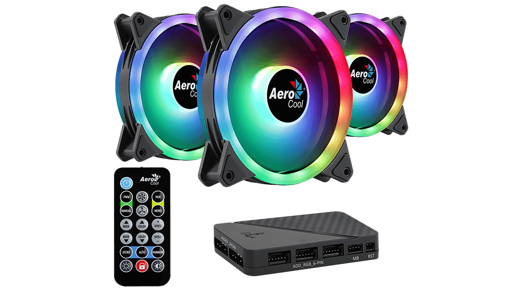 Three AeroCool RGB fans with a remote control and hub on a black background
