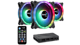 Three AeroCool RGB fans with a remote control and hub on a black background