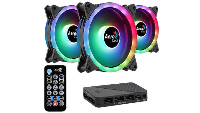 Three AeroCool RGB fans with a remote control and hub on a black background