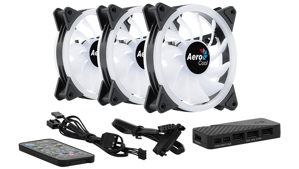 Three AeroCool fans with a remote control and power adapter on a black background