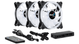 Three AeroCool fans with a remote control and power adapter on a black background