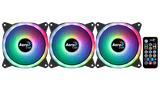 Three AeroCool RGB fans with a remote control on a black background