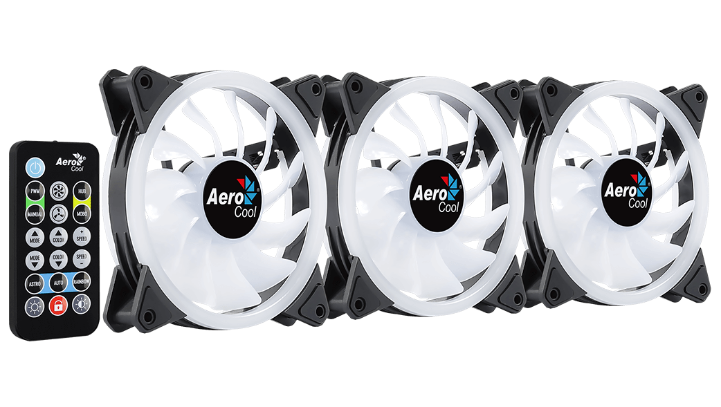 Three Aero Cool fans with a remote control on a black background