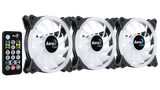 Three Aero Cool fans with a remote control on a black background