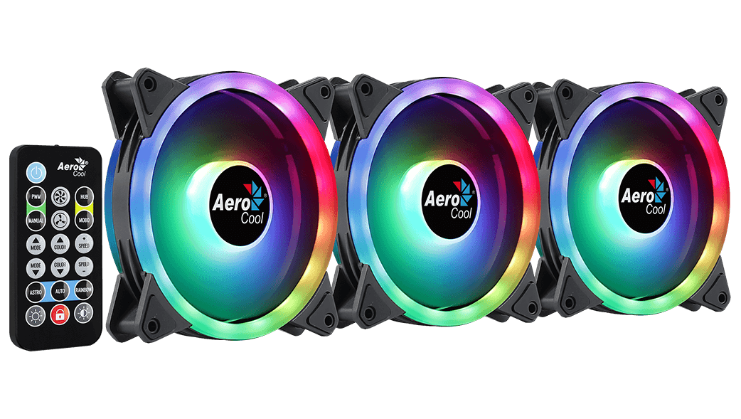 Three Aero Cool RGB fans with a remote control on a black background
