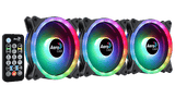 Three Aero Cool RGB fans with a remote control on a black background