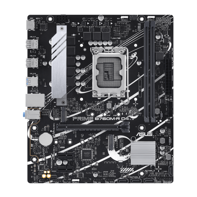 ASUS PRIME B760M-R D4 Intel B760 LGA 1700 micro-ATX motherboard with PCIe 4.0, two PCIe 4.0 M.2 slots, DDR4, Realtek 2.5Gb Ethernet HDMI SATA 6 Gbps front USB 5Gbps ports Aura Sync