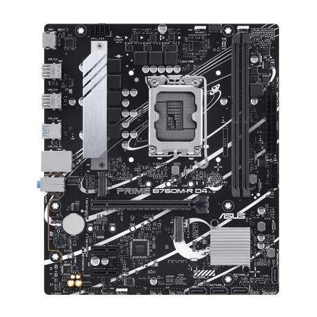 ASUS PRIME B760M-R D4 Intel B760 LGA 1700 micro-ATX motherboard with PCIe 4.0, two PCIe 4.0 M.2 slots, DDR4, Realtek 2.5Gb Ethernet HDMI SATA 6 Gbps front USB 5Gbps ports Aura Sync