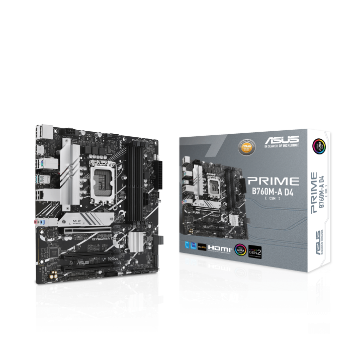 اللوحة الأم ASUS PRIME B760M-A D4 Intel B760 LGA 1700 mATX، وفتحتي PCIe 4.0 M.2، وRealtek 2.5Gb Ethernet، وDisplayPort، ومنفذ HDMI SATA مزدوج بسرعة 6 جيجابت في الثانية، ومنفذ USB 3.2 Gen 2 خلفي، ومنفذ USB 3.2 Gen 1 Type-C أمامي بتقنية Aura Sync