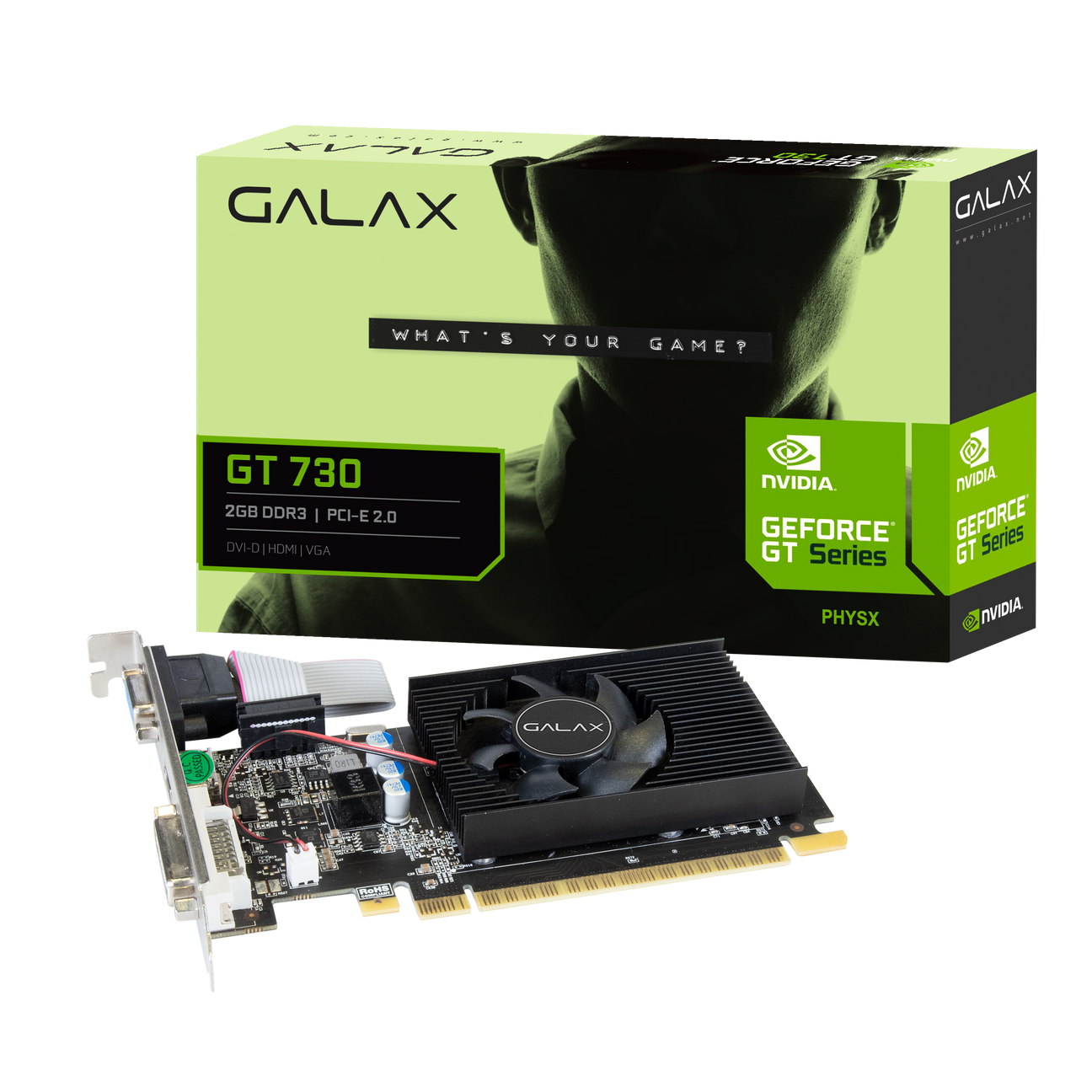 GALAX GeForce GT 730 graphics card with packaging on a white background
