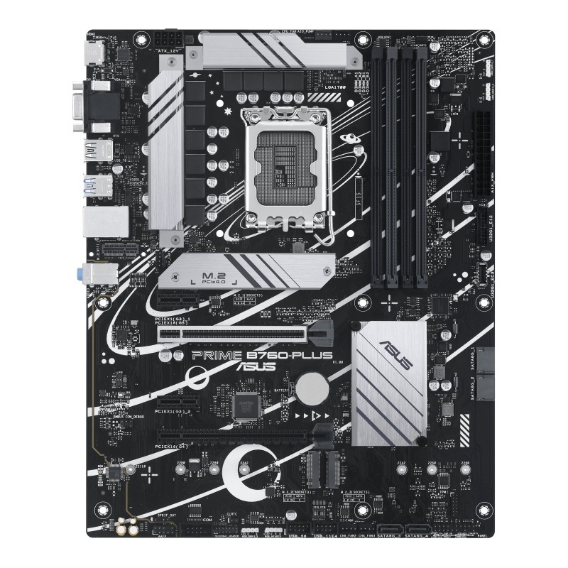 ASUS Prime B760-PLUS LGA 1700 ATX motherboard with PCIe 5.0 three PCIe 4.0 M.2 slots, DDR5, Realtek 2.5Gb Ethernet, DisplayPort, VGA, HDMI™, SATA 6 Gbps, USB 3.2 Gen 2x2 Type-C front USB 3.2 Gen 1 Type-C Thunderbolt (USB4) support Aura Sync