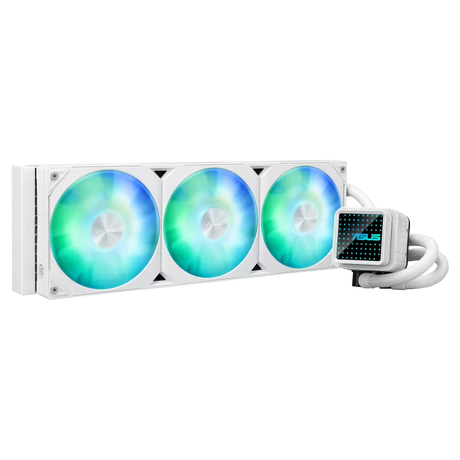 ASUS Prime LC 360 ARGB White Edition all-in-one CPU liquid cooler with vast CPU contact area and finned channels, water block with infinity mirror lens options integrated ARGB fans and Aura lighting