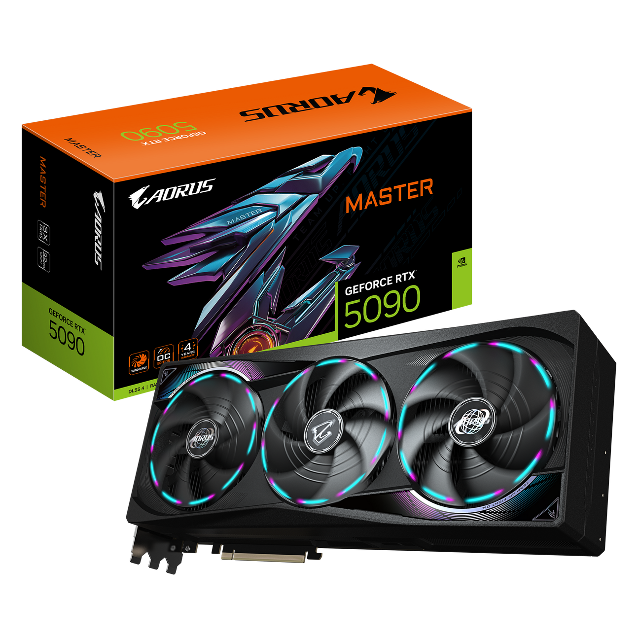 AORUS GeForce RTX 5090 graphics card with packaging on a white background